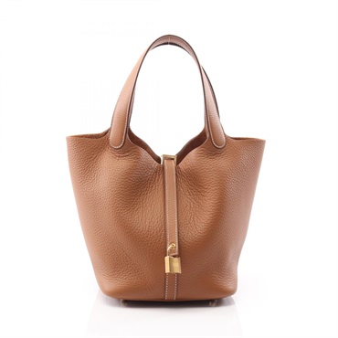 HERMES Picotin Lock MM Handbag W Clemence Leather Brown Gold GHW Used Women