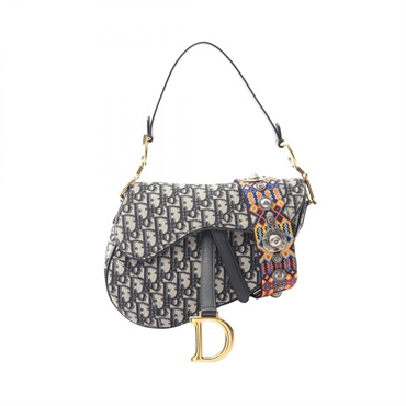 Christian Dior Saddle 2Way Shoulder Handbag Canvas Leather Beige Navy Used CD