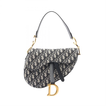 Christian Dior Saddle Handbag Canvas Leather Beige Navy Used Women CD