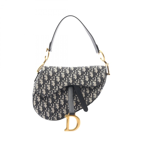 Christian Dior Saddle Handbag Canvas Leather Beige Navy Used Women CD