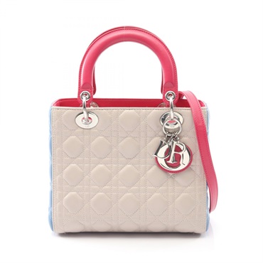 Christian Dior LADY DIOR Cannage 2Way Shoulder Handbag leather Beige Blue Used