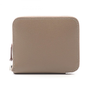 HERMES Azap compact silk in Round wallet Epsom leather Etoupe Grey Used W SHW