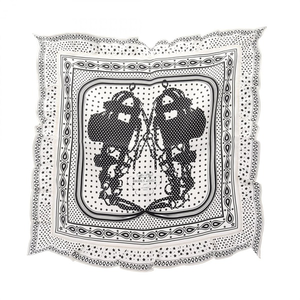 HERMES Carre70 BRIDES de GALA Bandana Frill Scarf silk White Black Used Women