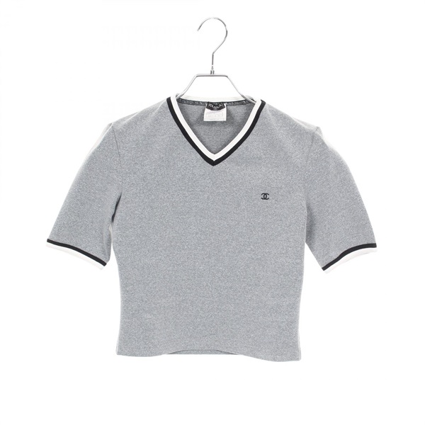 CHANEL COCO Mark embroidery T-shirt Tops Nylon Gray Black White Used Women #38