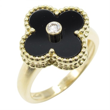 Van Cleef & Arpels Vintage Alhambra Ring Onyx 1PD Ring 18KYG #53 US Size 6.25