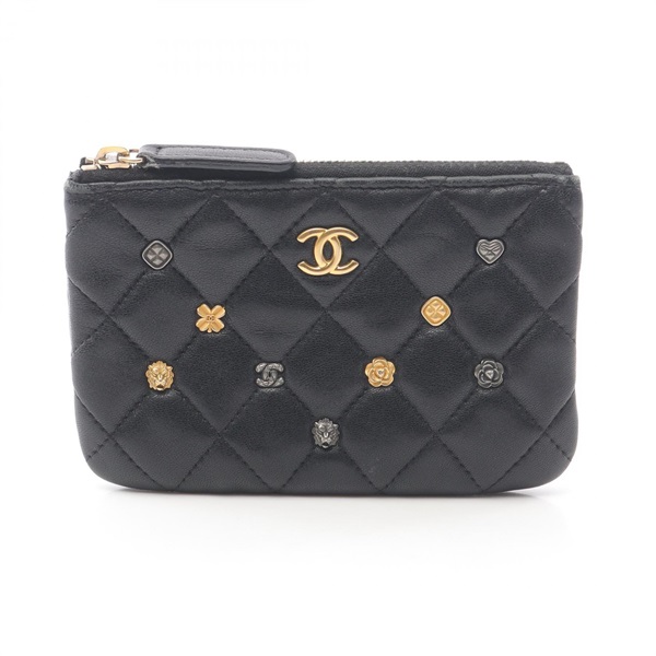 CHANEL Matelasse icon zip Pouch purse Lambskin leather Black Used Women COCO CC