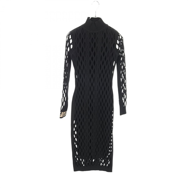 FENDI FF logo Long Sleeve mesh Dress Rayon Black #36 Used Women