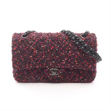 CHANEL Matelasse double flap Chain Shoulder Handbag Fabric Black Pink Used Women