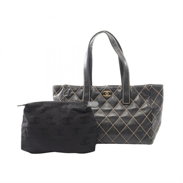 CHANEL Wild stitch Tote Shoulder Bag leather Black GHW Used Women Coco CC