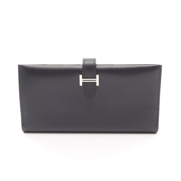 HERMES Bearn Soufflet Bifold purse Box calf leather Black Used Women H SHW