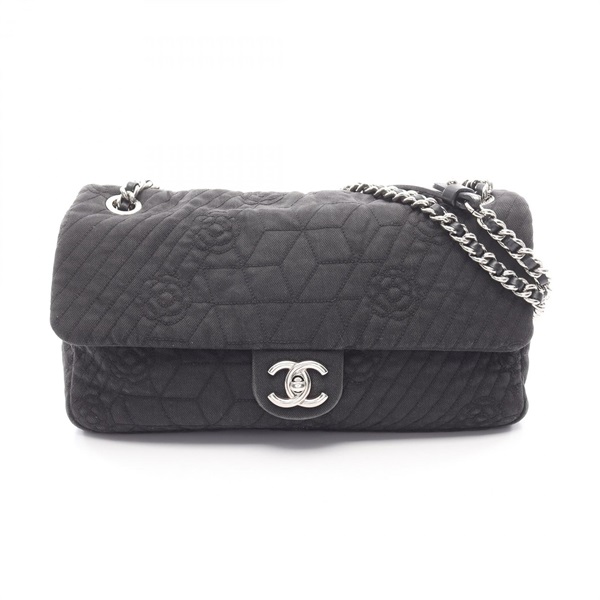 CHANEL Camelia Chain Shoulder Handbag A66902 denim leather Black SHW Used CC