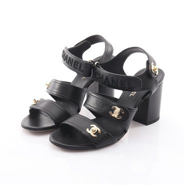 CHANEL COCO Mark heel Sandals shoes #37 G37387 leather Black Used Women CC