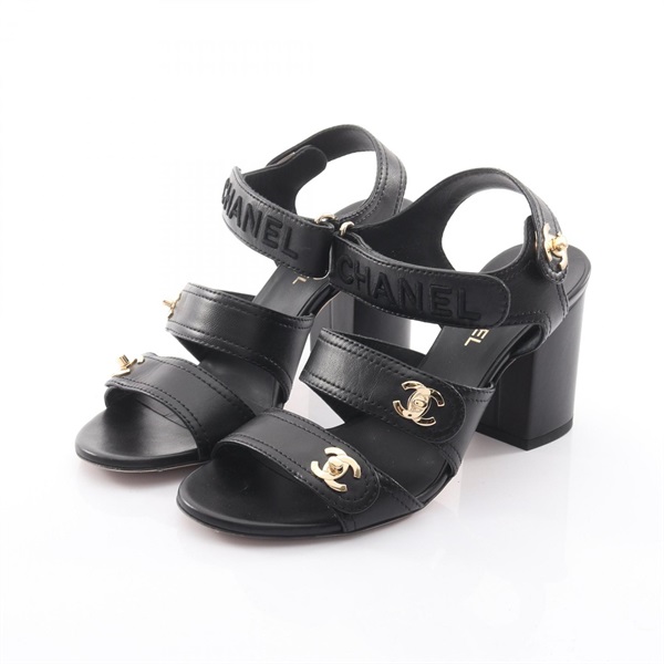 CHANEL COCO Mark heel Sandals shoes #37 G37387 leather Black Used Women CC