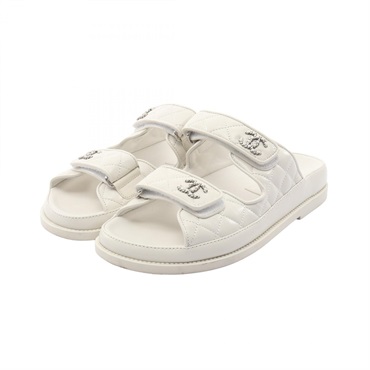 CHANEL Matelasse COCO Mark Sandals Shoes #37 G45507 leather White Used Women CC