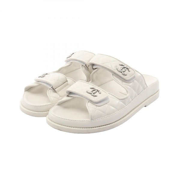 CHANEL Matelasse COCO Mark Sandals Shoes #37 G45507 leather White Used Women CC