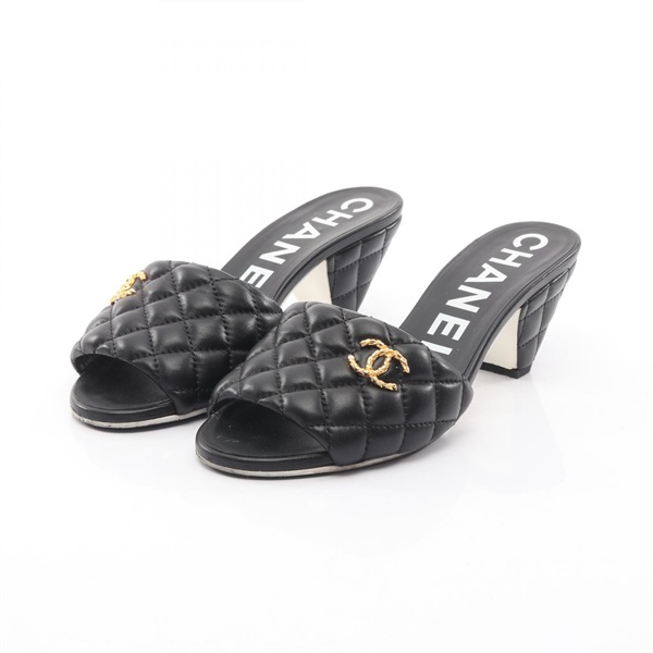 CHANEL Matelasse COCO Mark heel Sandals shoes #37 G38820 leather Black Used CC