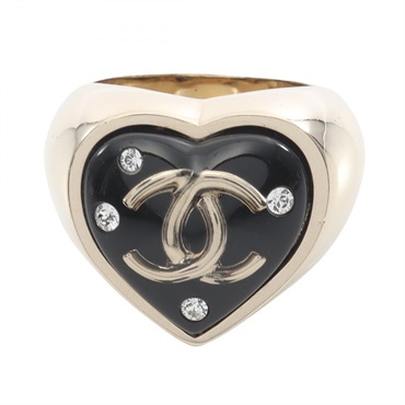 CHANEL COCO Mark Heart Ring #6.25 Gold Plated Rhinestone Black Clear Used Women