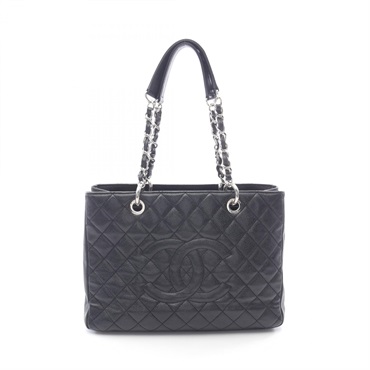 CHANEL Matelasse Grand Shopping GST chain shoulder Tote Bag leather Black Used