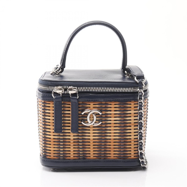 CHANEL COCO Mark chain Shoulder crossbody vanity Bag AS1352 leather Rattan Navy