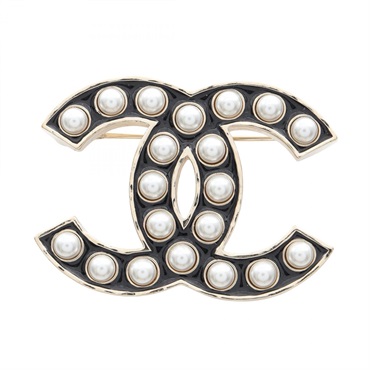 CHANEL COCO Mark Brooch pin Gold Plated Artificial pearl Black White Used Women