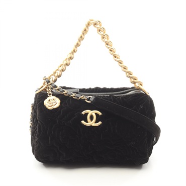 CHANEL Camelia chain crossbody Shoulder Bag Fabric velvet Black Used Women GHW
