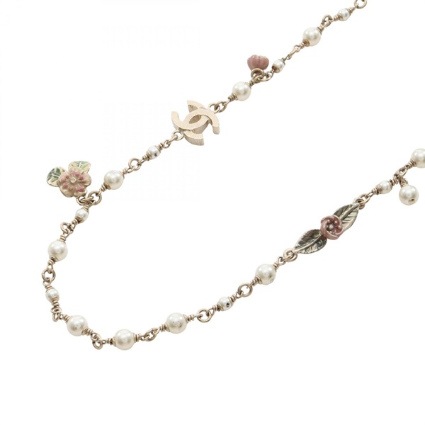 CHANEL COCO Mark Camellia Long Necklace Gold Plated Artificial pearl rhinestone