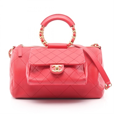 CHANEL Matelasse Hand Shoulder Bag Lamb leather Grained calf Red Used Women GHW