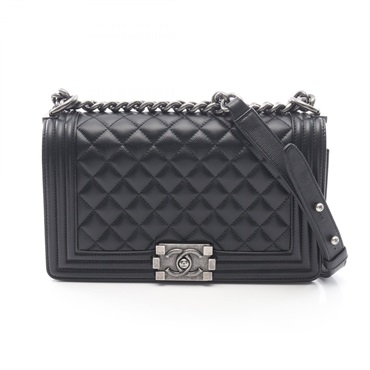 CHANEL Boy Chanel Chain Shoulder Bag Grained Calfskin leather Black Used Women