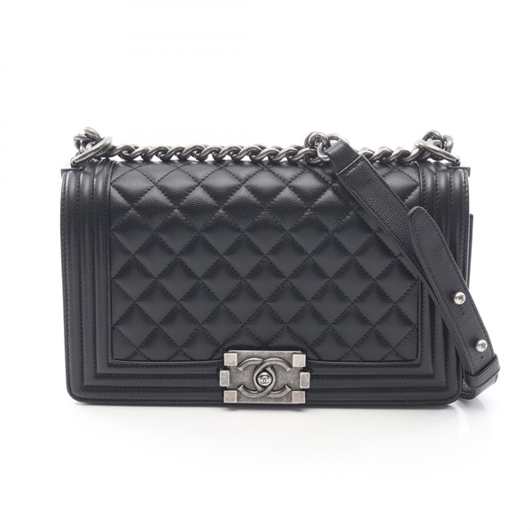 CHANEL Boy Chanel Chain Shoulder Bag Grained Calfskin leather Black Used Women