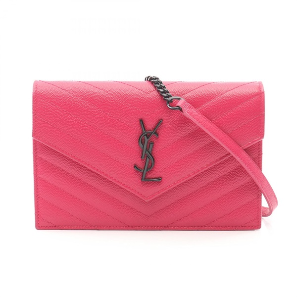 YVES SAINT LAURENT Monogram envelope Shoulder Crossbody Bag leather Pink Used