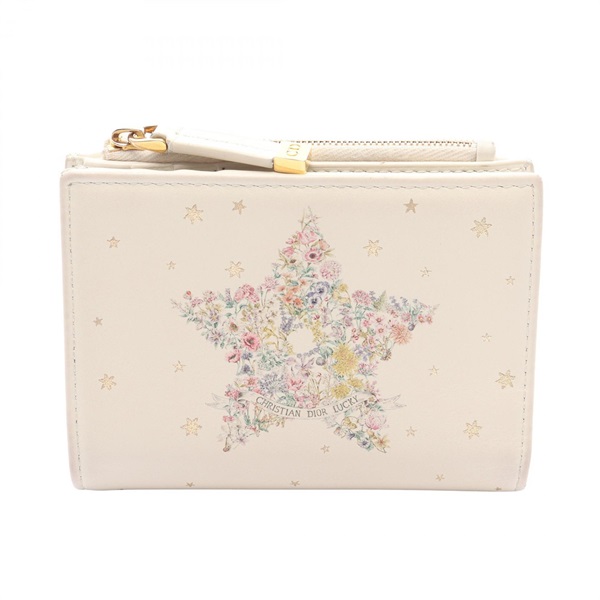 Dior Lucky Dahlia Bi-fold Wallet leather Beige Multicolor Used Women