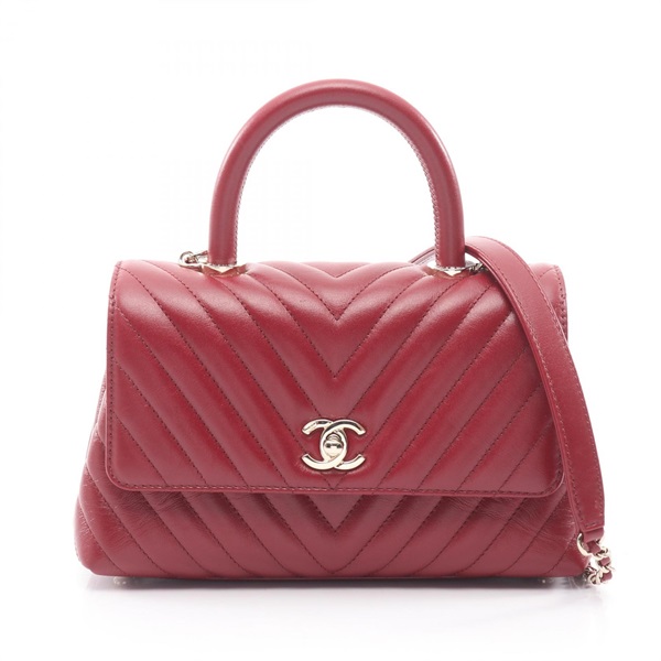 CHANEL Coco Handle Flap V-Stitch Shoulder Handbag A92990 leather Red Used GHW
