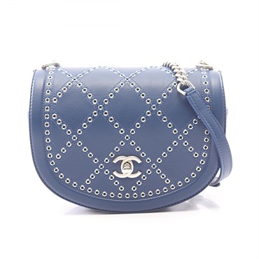 CHANEL Matelasse Coco Eyelet Round Mini Shoulder Crossbody Bag leather Blue Used