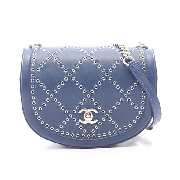 CHANEL Matelasse Coco Eyelet Round Mini Shoulder Crossbody Bag leather Blue Used