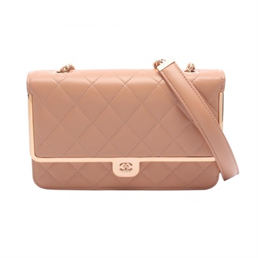 CHANEL Matelasse Chain Shoulder Crossbody Bag Wallet WOC Lamb leather Pink Used