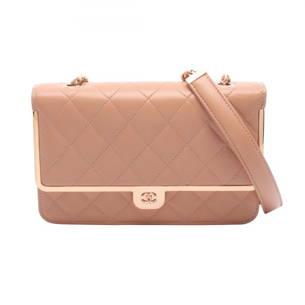 CHANEL Matelasse Chain Shoulder Crossbody Bag Wallet WOC Lamb leather Pink Used