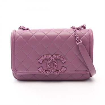 CHANEL CC Filigree Matelasse Chain Shoulder Crossbody Bag leather Purple HW Used