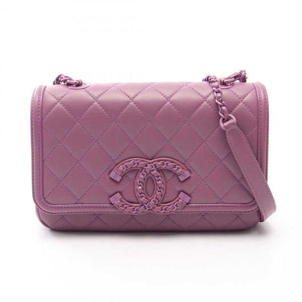 CHANEL CC Filigree Matelasse Chain Shoulder Crossbody Bag leather Purple HW Used