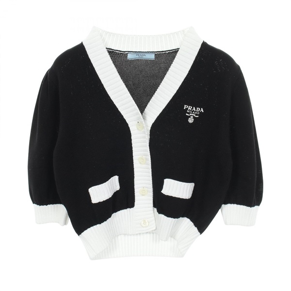 PRADA Logo embroidered knit cardigan P25I04 cotton Black White #40 Used Women