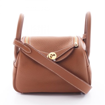 HERMES Lindy Mini Shoulder Handbag Clemence leather Brown Gold GHW Women K