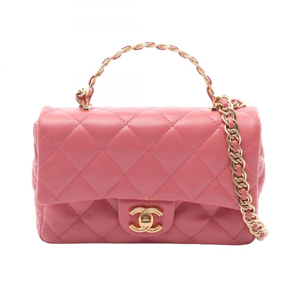CHANEL Matelasse Small Top Handle Crossbody Shoulder Handbag Leather Pink Used