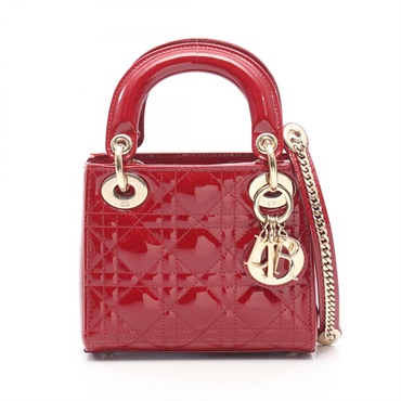 Dior Lady Dior Mini Cannage Shoulder Handbag Patent leather Red Used Women GHW