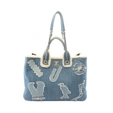 CHANEL Large shopping Tote shoulder hand Bag AS0759 denim Mouton Blue White Used