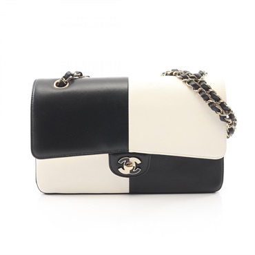 CHANEL Double Flap Bicolor Chain Shoulder Handbag leather Black White GHW Used