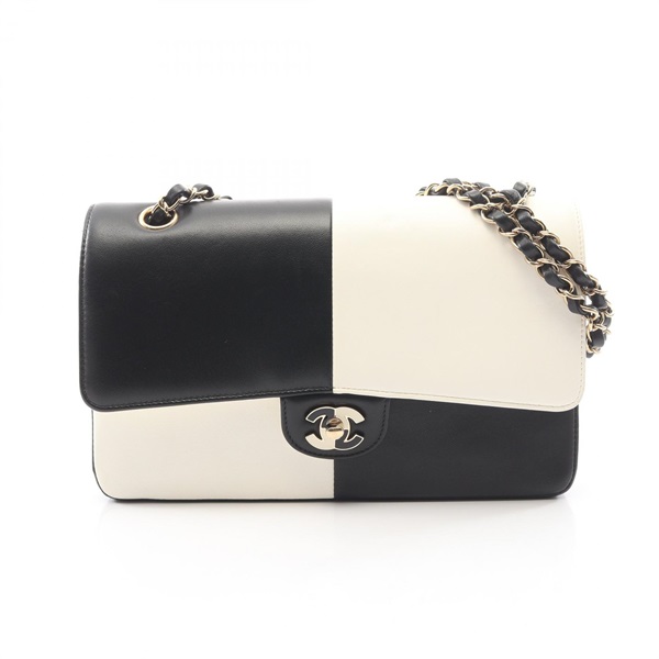 CHANEL Double Flap Bicolor Chain Shoulder Handbag leather Black White GHW Used
