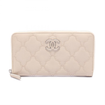 CHANEL Ultra stitch Around zip long Wallet Purse leather Beige Used Women Coco
