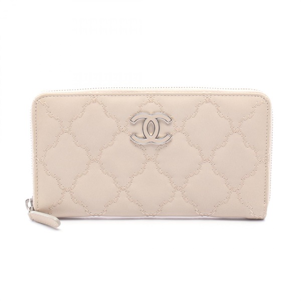 CHANEL Ultra stitch Around zip long Wallet Purse leather Beige Used Women Coco