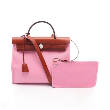 HERMES Herbag Zip PM Shoulder Handbag Toile Officier canvas Pink SHW Used Y