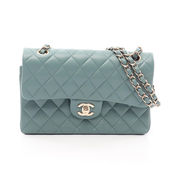 CHANEL Matelasse Double Flap Chain Shoulder Handbag Lamb leather Green GHW Used