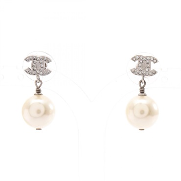 CHANEL COCO Mark Pierced earrings GP Artificial pearl rhinestone Used Women CC
